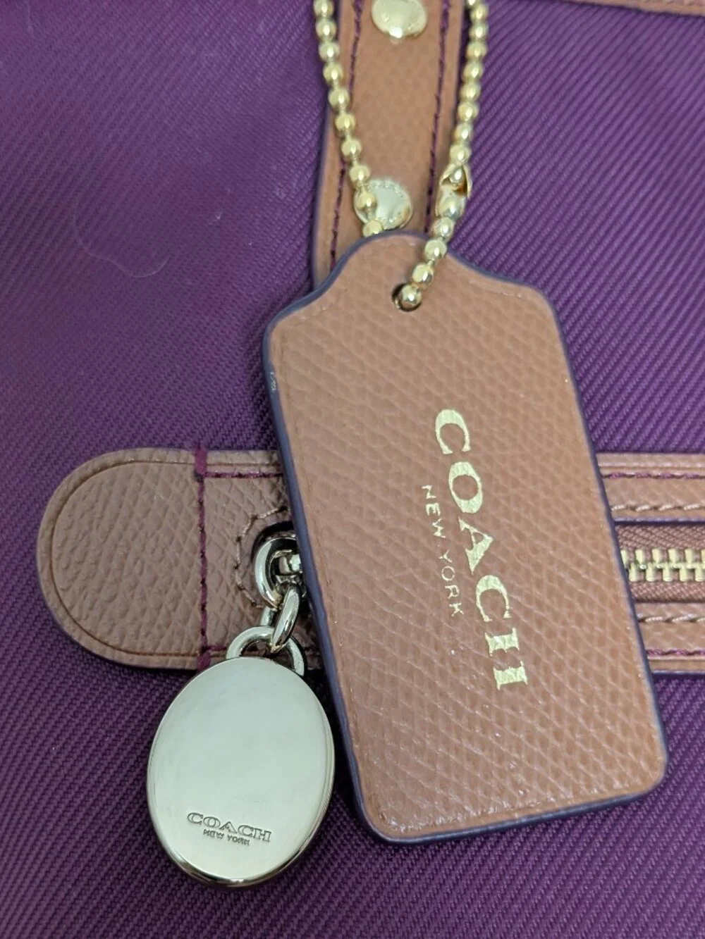 Coach Sawyer Plum Canvas & Leather Tote Bag Gold Hardware Charm Purple